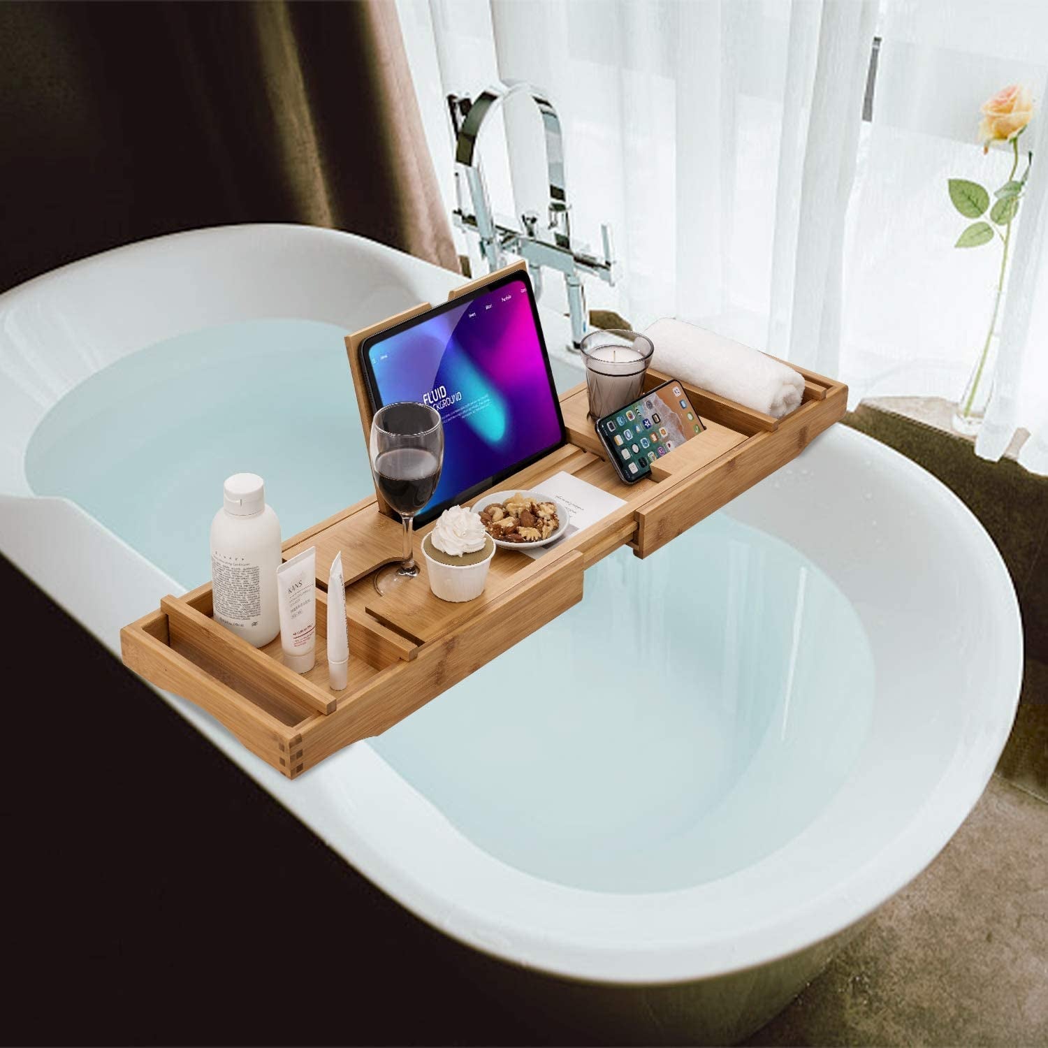 Bamboo Bathtub Caddy Tray with Extending Sides, Cellphone Tray and WinAFTER-SALES SERVICE- If you think that it was not for you, we will be happy to refund every penny you paid.
BATH TRAY FOR COUPLES- Bathtub caddy designed to comfortaDrift & DwellExtending Sides, Cellphone Tray